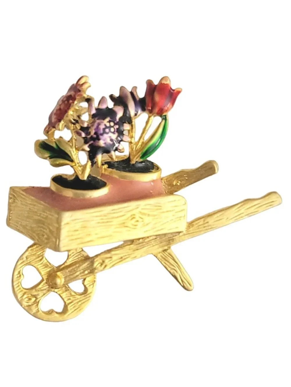 Gold Tone Pink Purple Enamel Flower Cart Wheel Barrow Brooch Pin, M427